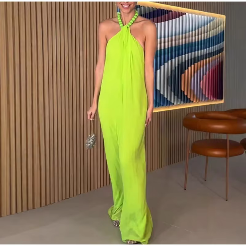 Elegant Beaded Halter Backless Sleeveless Pleated Long Maxi Dress - Image 2