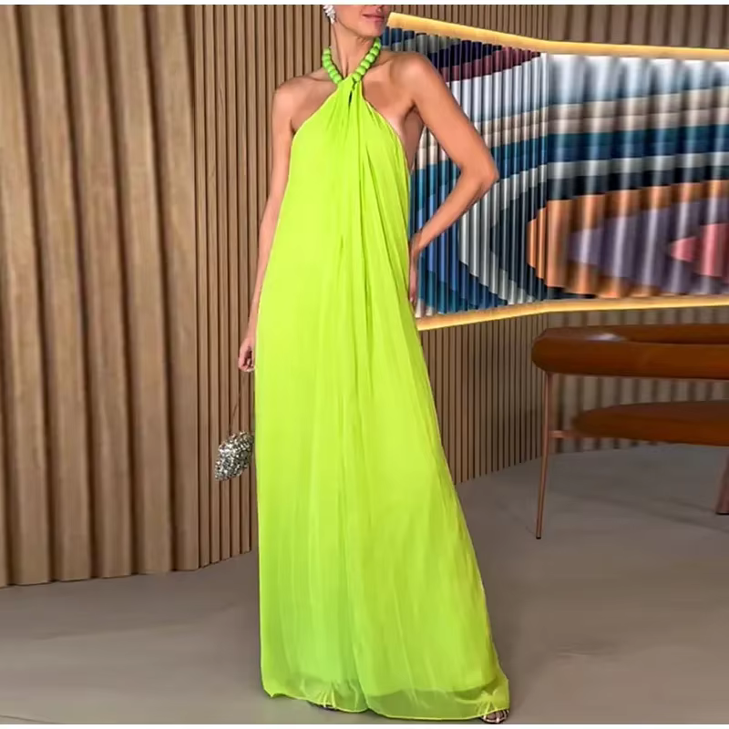 Elegant Beaded Halter Backless Sleeveless Pleated Long Maxi Dress