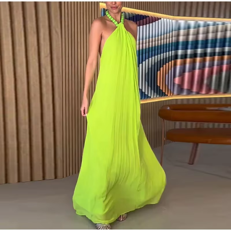 Elegant Beaded Halter Backless Sleeveless Pleated Long Maxi Dress - Image 3