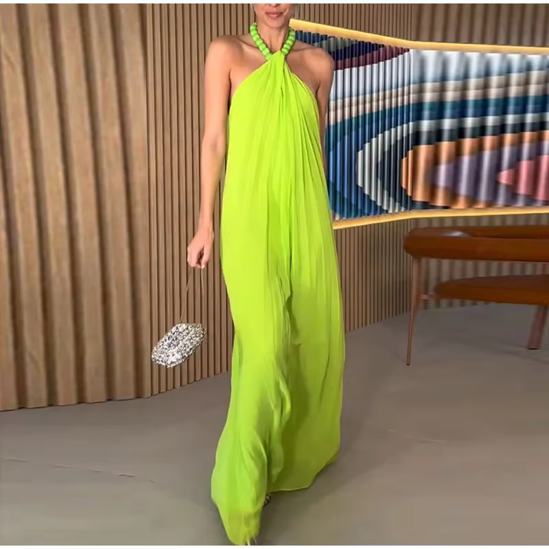 Elegant Beaded Halter Backless Sleeveless Pleated Long Maxi Dress - Image 4