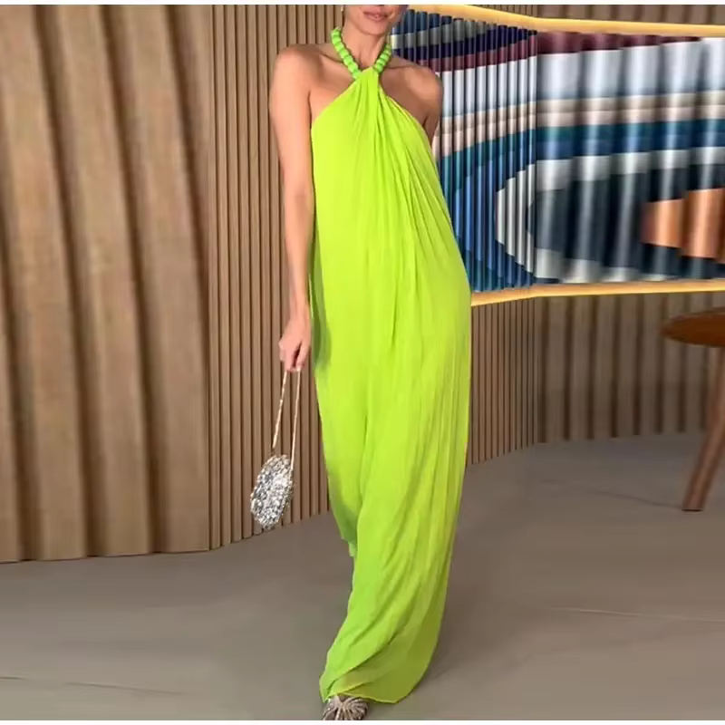 Elegant Beaded Halter Backless Sleeveless Pleated Long Maxi Dress - Image 6