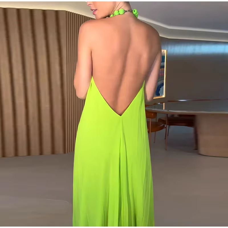 Elegant Beaded Halter Backless Sleeveless Pleated Long Maxi Dress - Image 7