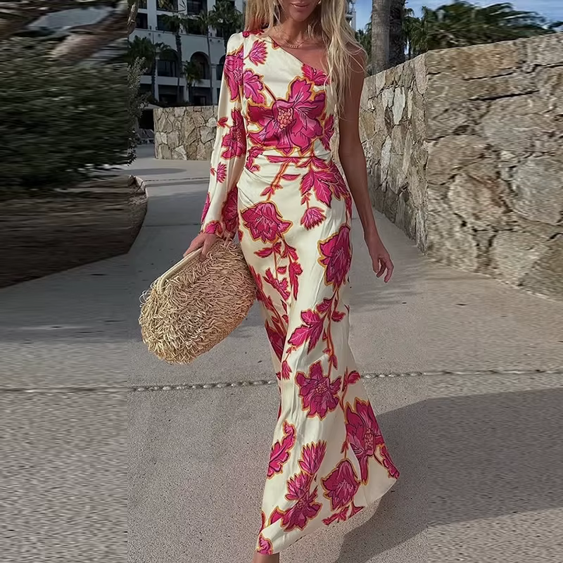 Elegant Bohemian High Waist One Shoulder Long Sleeve Floral Printed Maxi Dress