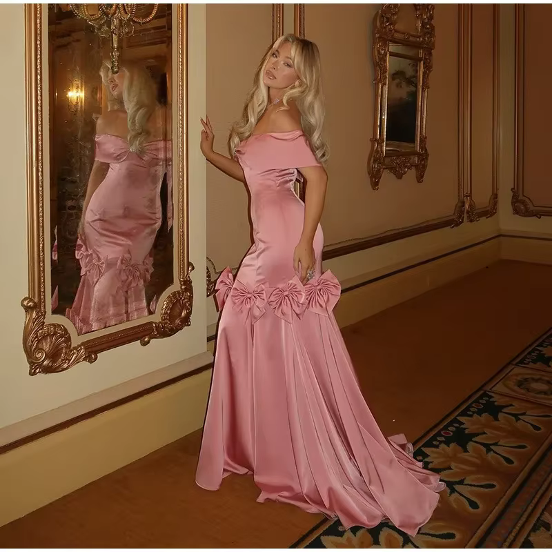 Elegant Bow Off Shoulder Pleated Slash Neck Backless Empire Long Dresses