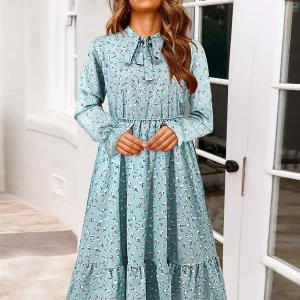 Elegant Bows Floral Print Tie-Neck With Long Sleeve Midi Dress