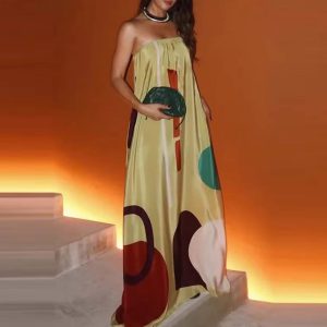 Elegant Chest Wrapping Sleeveless Print Long Strapless Loose Maxi Dress