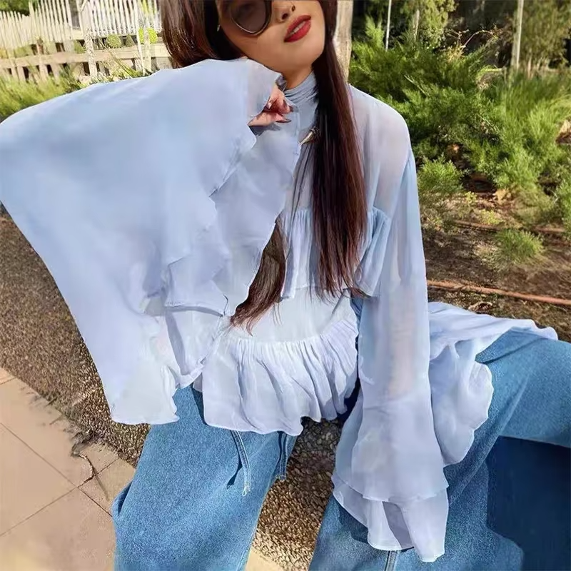 Elegant Chiffon Ruffle Shirts Oversize Long Flare Sleeve O-neck Loose T-shirt - Image 8