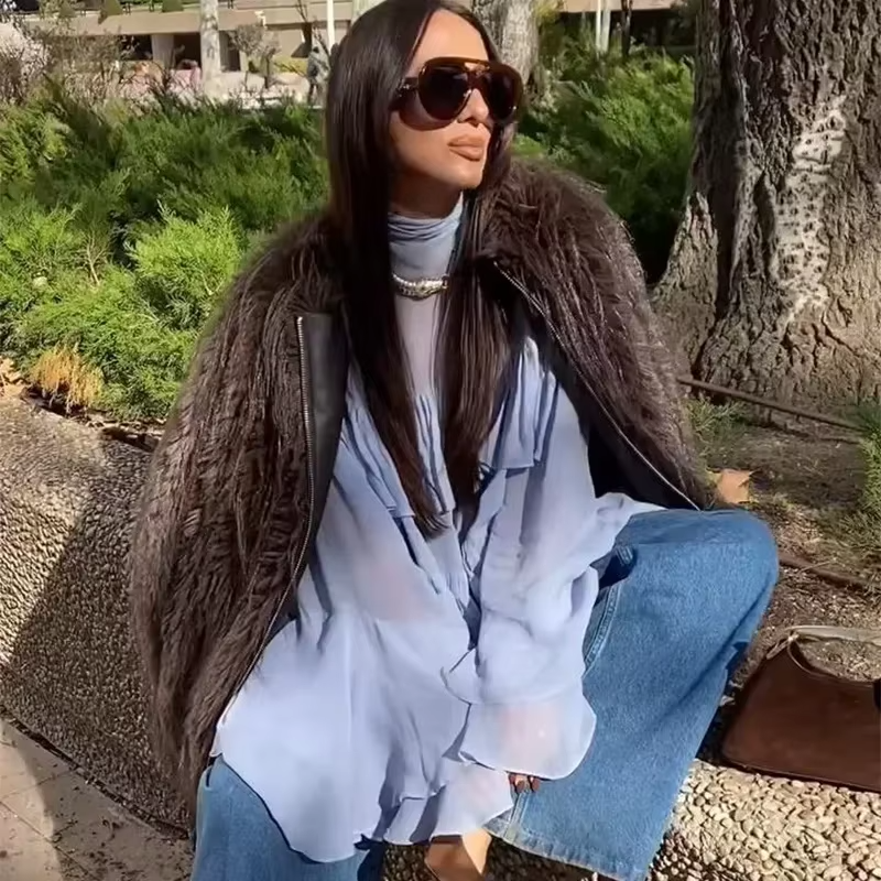 Elegant Chiffon Ruffle Shirts Oversize Long Flare Sleeve O-neck Loose T-shirt - Image 7