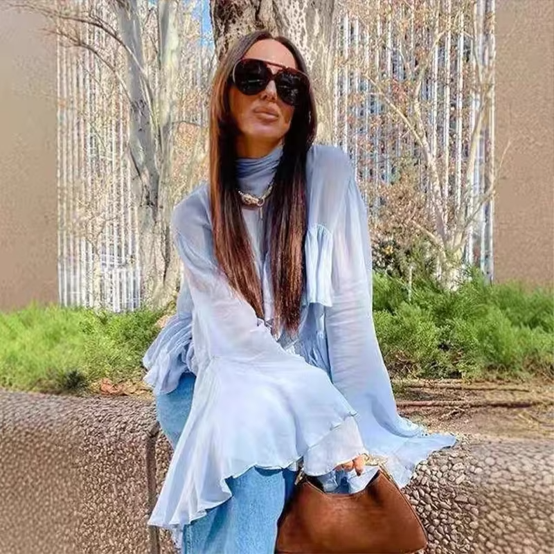 Elegant Chiffon Ruffle Shirts Oversize Long Flare Sleeve O-neck Loose T-shirt - Image 6