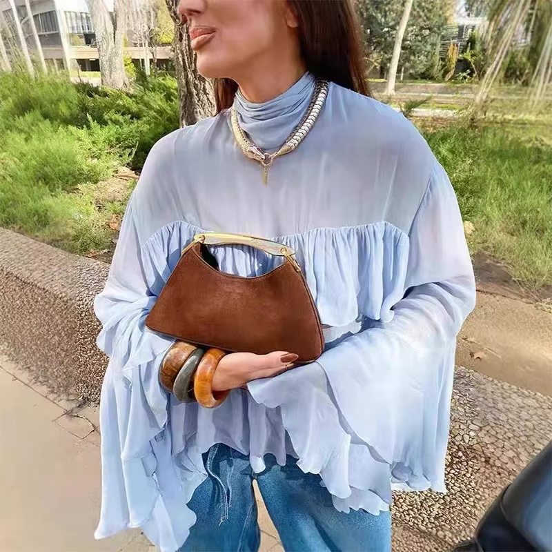 Elegant Chiffon Ruffle Shirts Oversize Long Flare Sleeve O-neck Loose T-shirt - Image 5