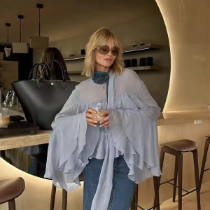 Elegant Chiffon Ruffle Shirts Oversize Long Flare Sleeve O-neck Loose T-shirt