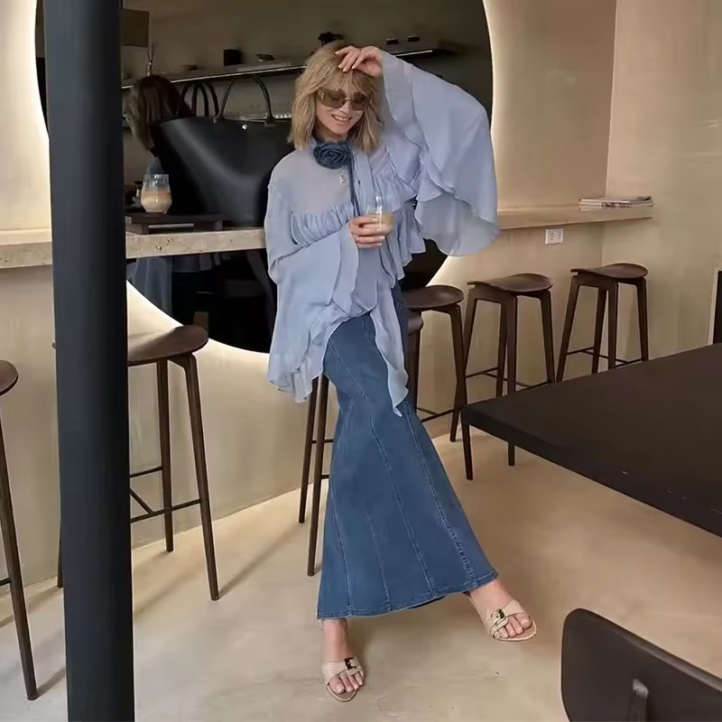 Elegant Chiffon Ruffle Shirts Oversize Long Flare Sleeve O-neck Loose T-shirt - Image 3