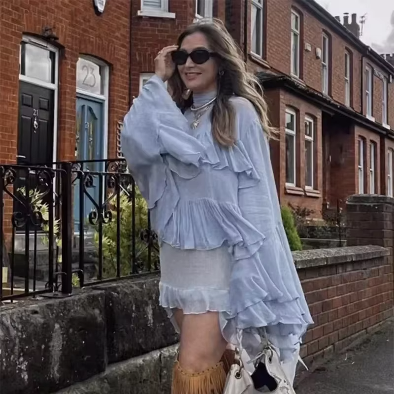 Elegant Chiffon Ruffle Shirts Oversize Long Flare Sleeve O-neck Loose T-shirt - Image 2