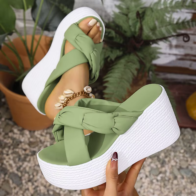 Elegant Chunky Platform Comfort Thick Bottom Cross Strap Wedge Heel