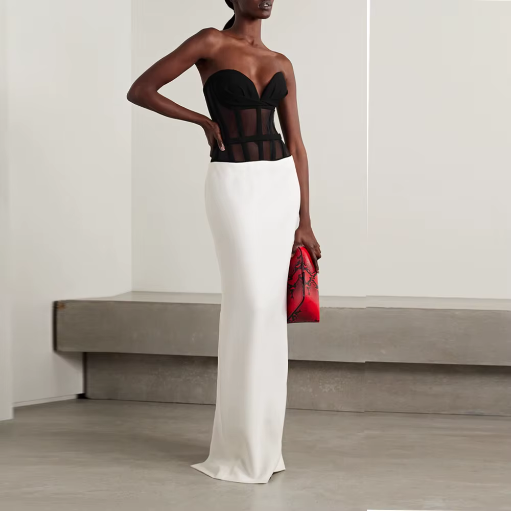 Elegant Color block Strapless Sleeveless Patchwork Zipper Maxi Dresses