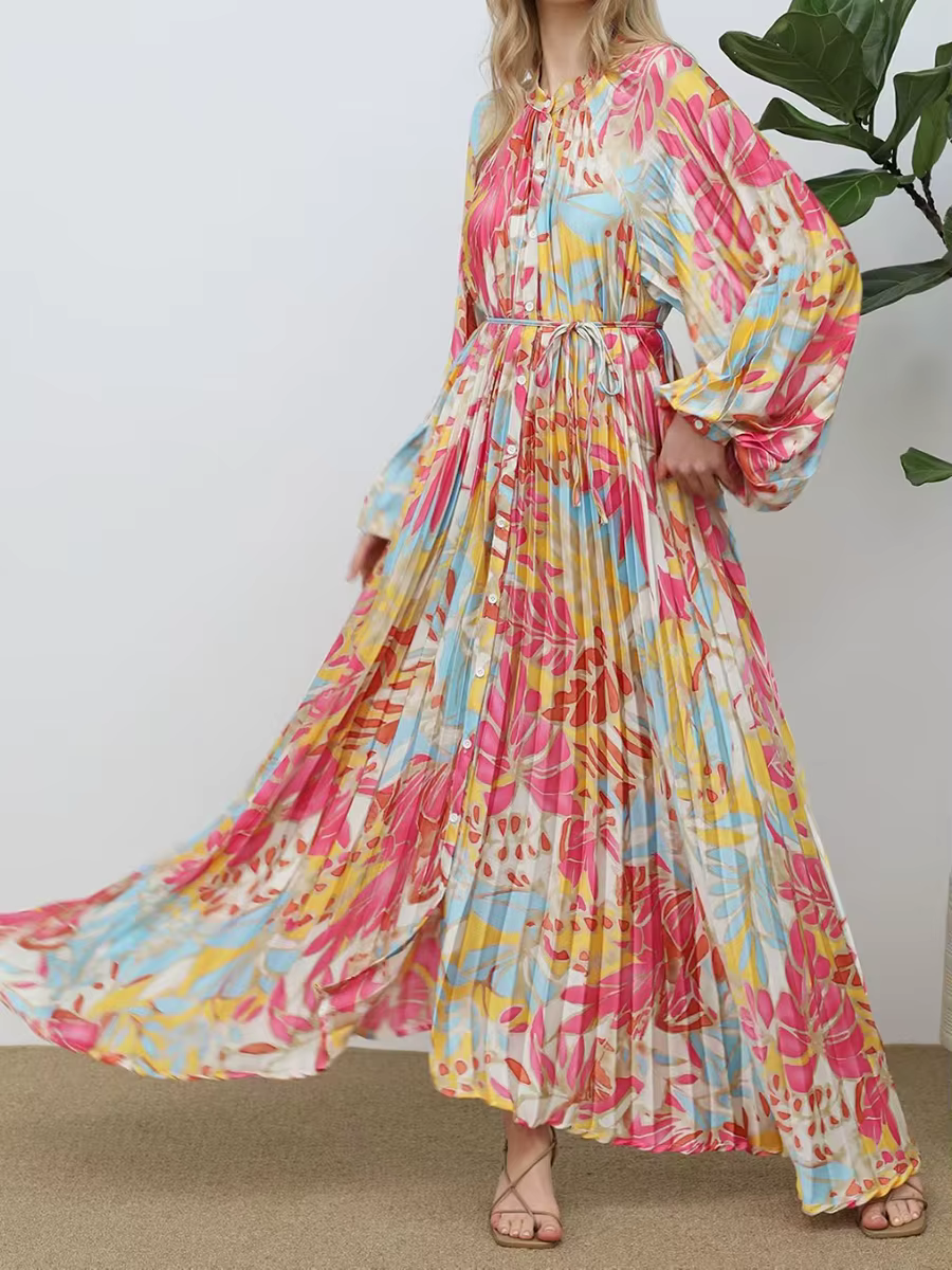 Elegant Colorful Pleated Neck Long Sleeve High Waist Spliced Lace Up Printed Maxi Dress