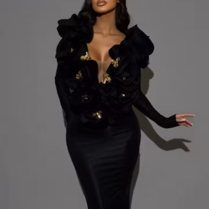 Elegant Deep V Neck Flower Long Bandage Bodycon Maxi Dress