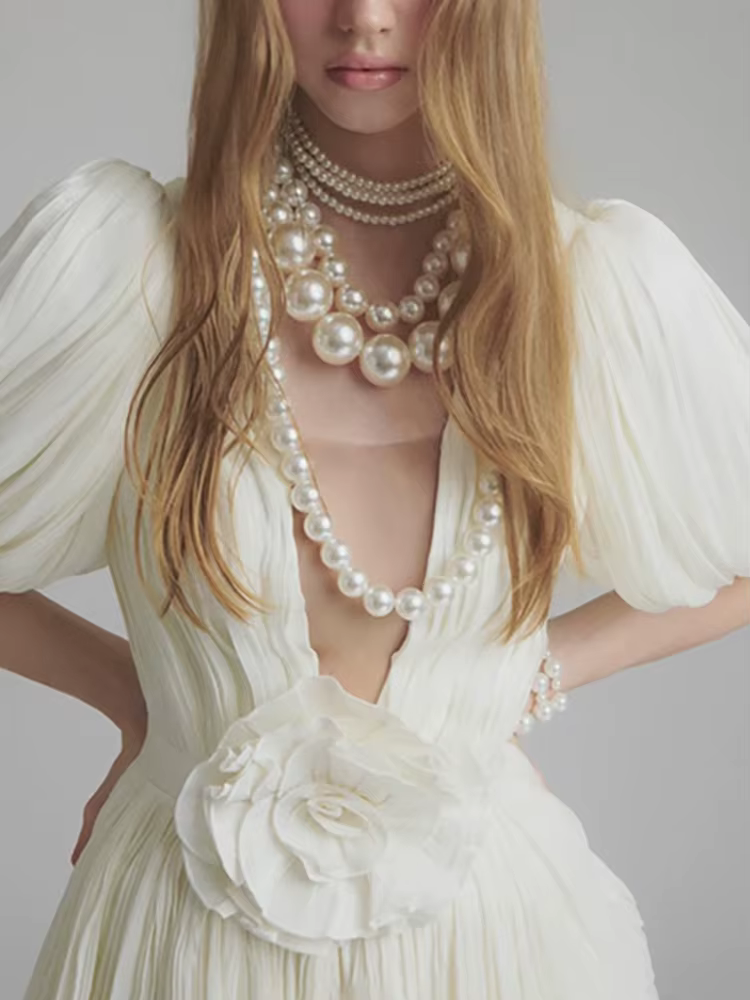 Elegant Deep V Neck Puff Sleeve Flower Patchwork Mini Short Sleeve Dress - Image 2