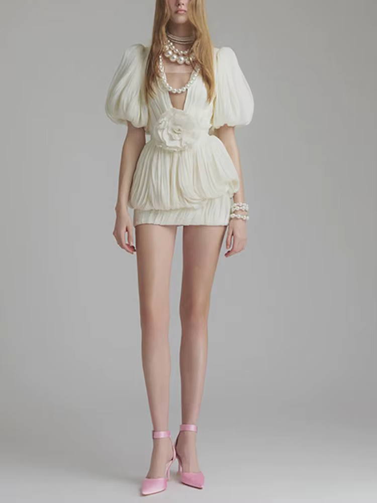 Elegant Deep V Neck Puff Sleeve Flower Patchwork Mini Short Sleeve Dress - Image 4