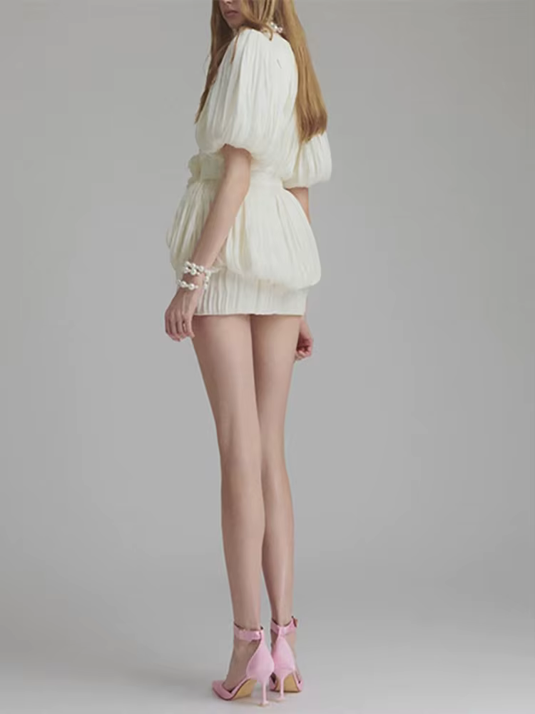 Elegant Deep V Neck Puff Sleeve Flower Patchwork Mini Short Sleeve Dress - Image 5