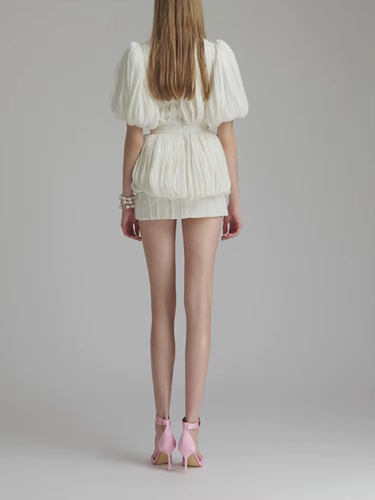 Elegant Deep V Neck Puff Sleeve Flower Patchwork Mini Short Sleeve Dress - Image 6