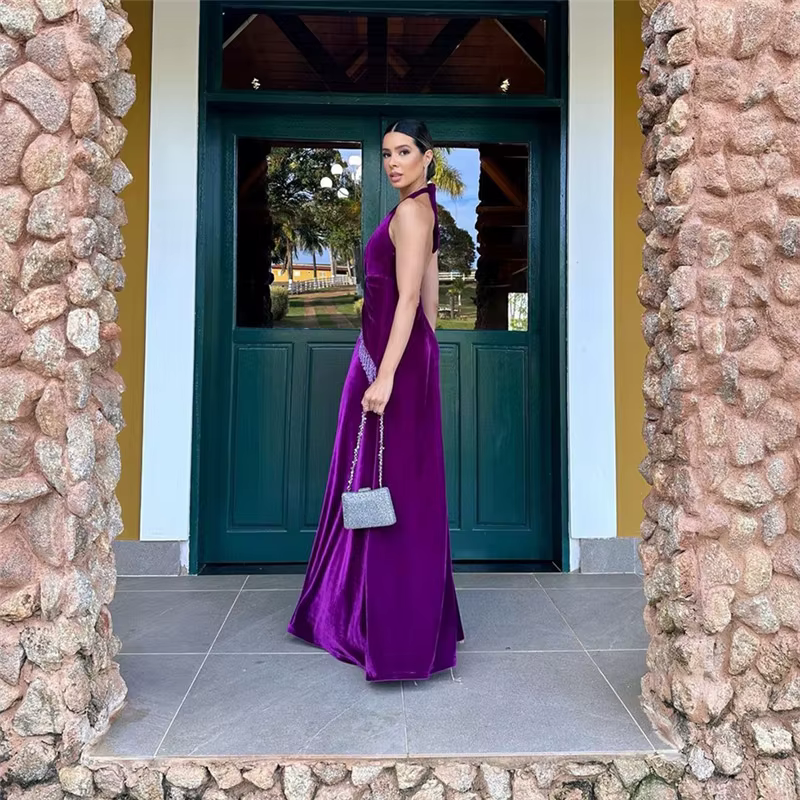 Elegant Deep V-neck High Slit Ankle-Length Tassel Backless Maxi Dress