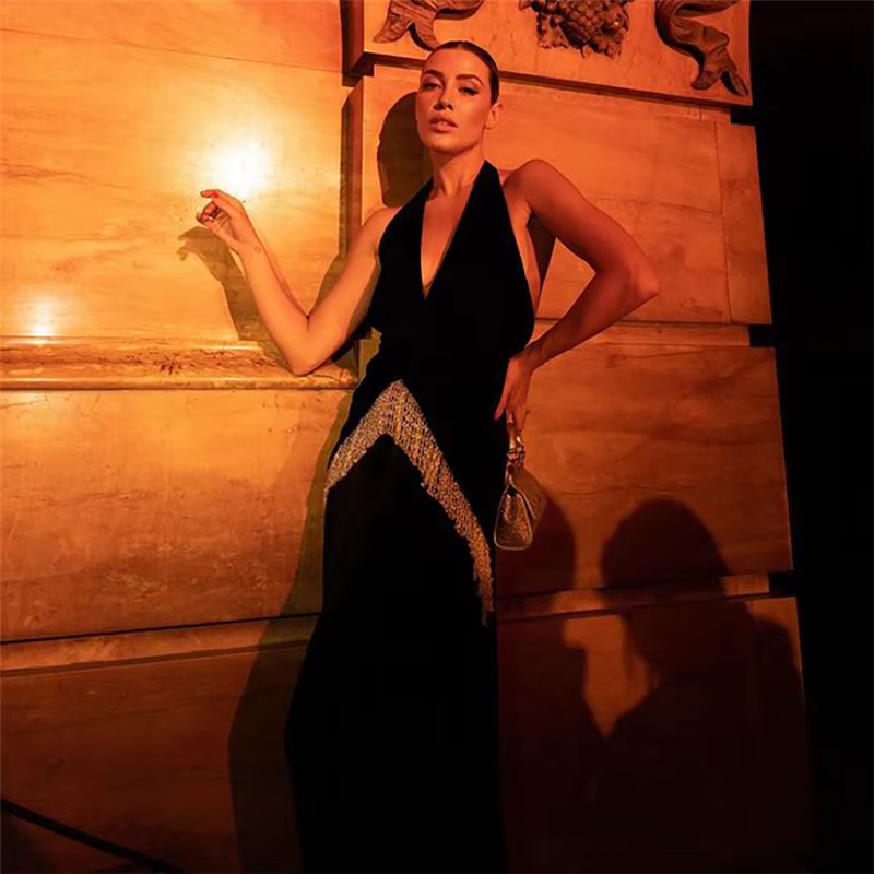 Elegant Deep V-neck High Slit Ankle-Length Tassel Backless Maxi Dress - Image 11