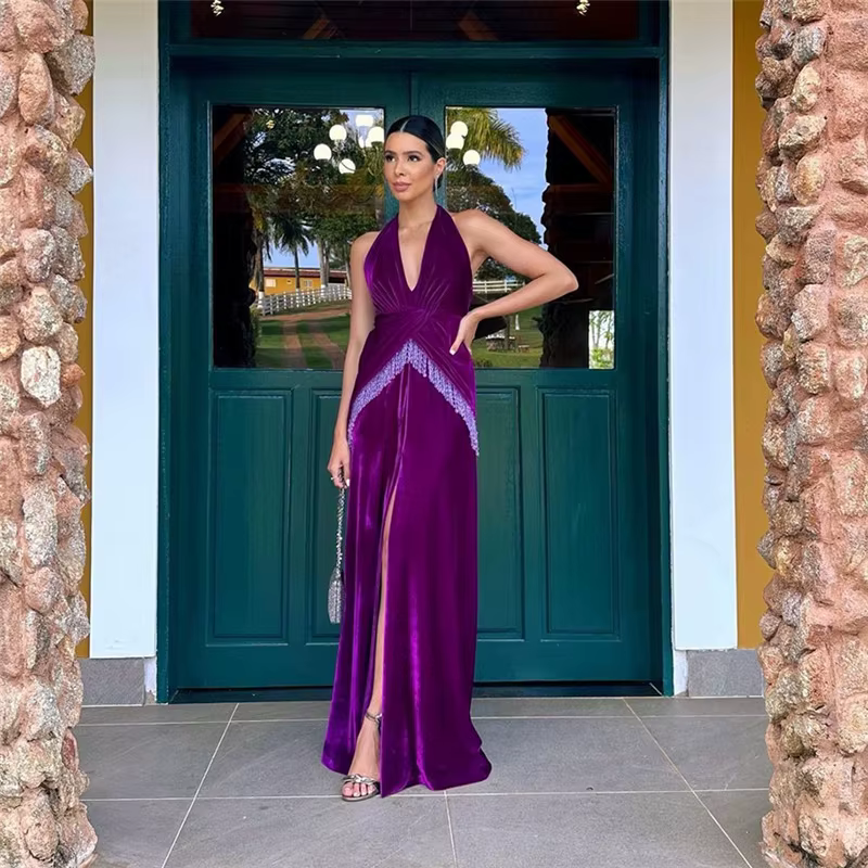 Elegant Deep V-neck High Slit Ankle-Length Tassel Backless Maxi Dress - Image 3