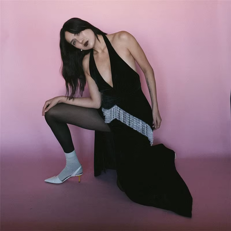 Elegant Deep V-neck High Slit Ankle-Length Tassel Backless Maxi Dress - Image 4