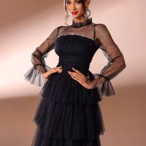 Elegant Diamond Mesh Formal Decorated Multi-Layer Hem Maxi Dresses