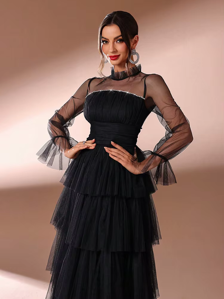 Elegant Diamond Mesh Formal Decorated Multi-Layer Hem Maxi Dresses