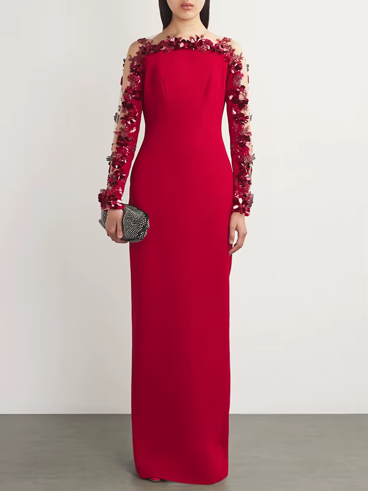 Elegant Diamonds Beaded Flower Mesh Stitching Long Maxi Dress