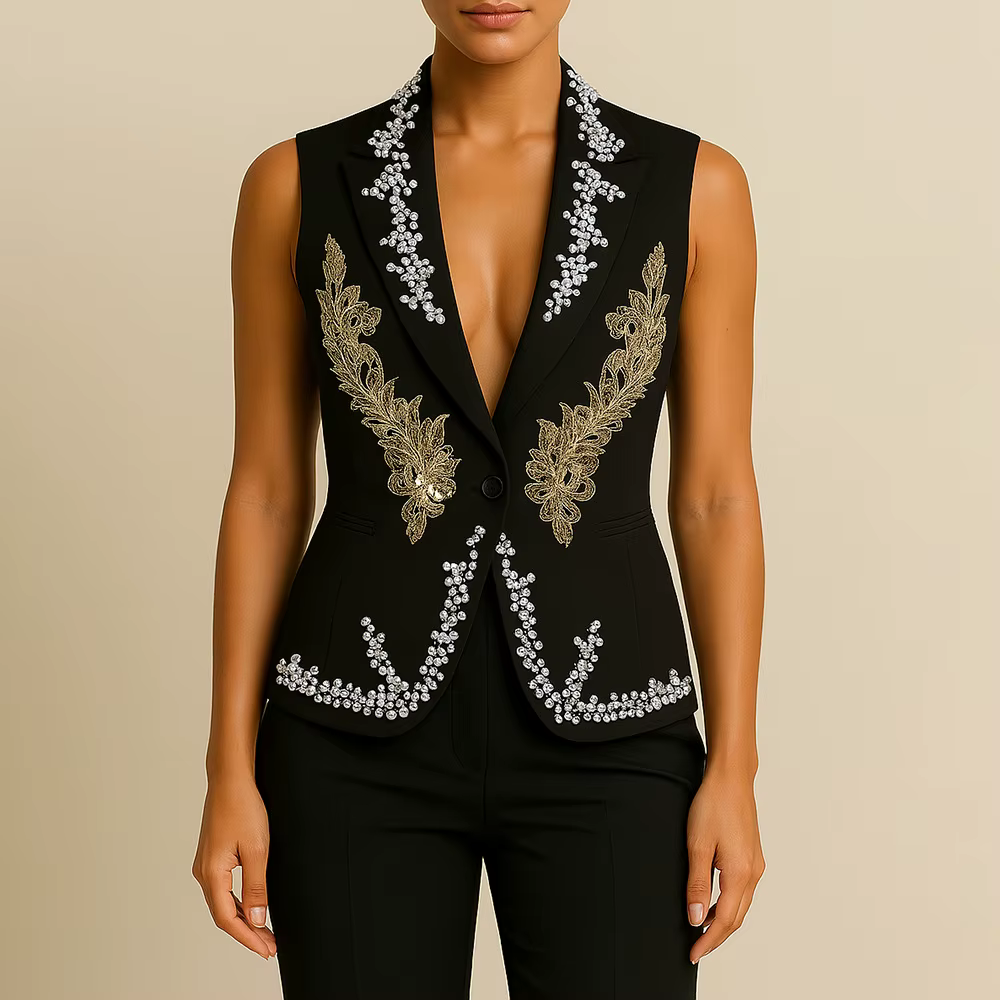 Elegant Diamonds V Neck Sleeveless Tunic Temperament Slimm Vests Jackets