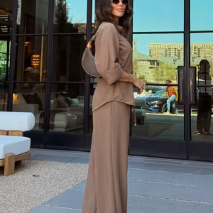Elegant Elastic Waist Seven-Quarter Sleeve Lapel Loose Top And Pants 2 Piece Suit