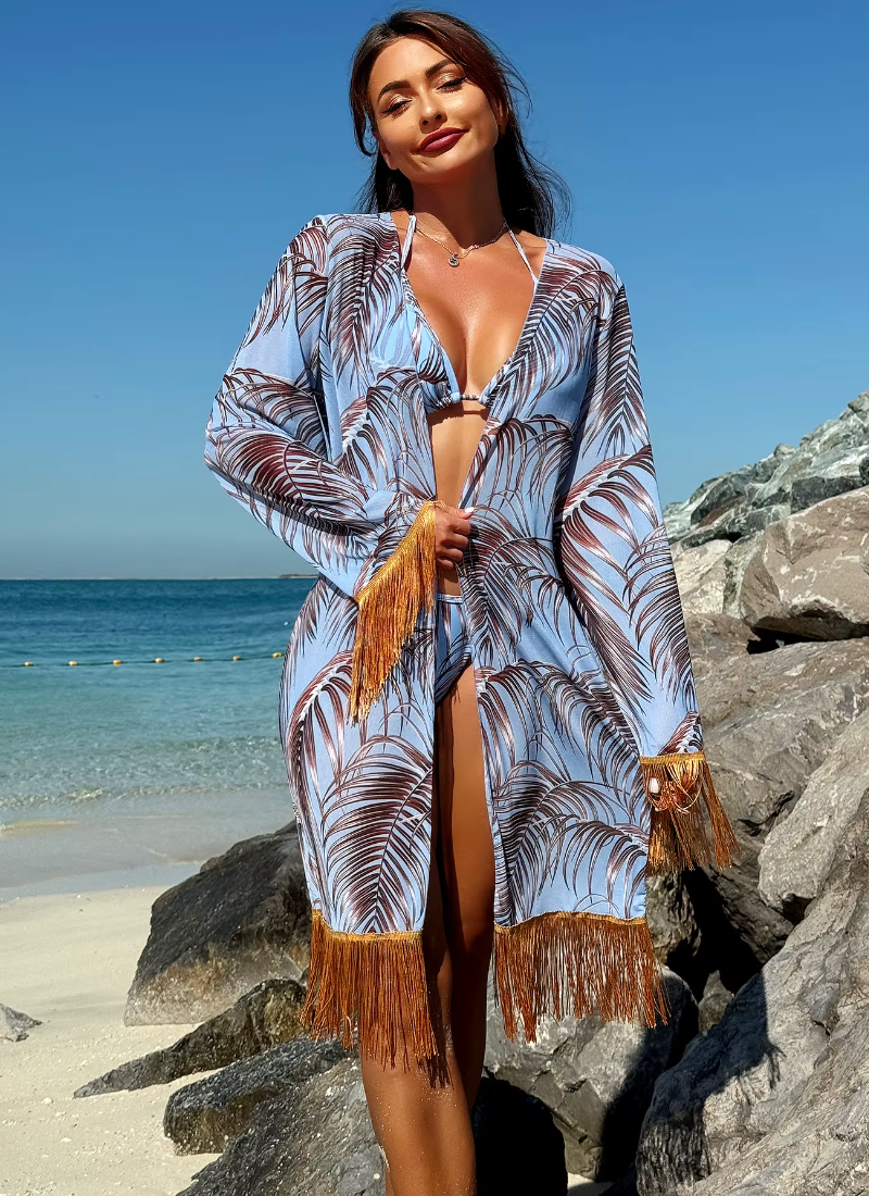 Elegant Fashion Printed Bikini Tassel Drape Beachwear Three Piece Set - Image 7