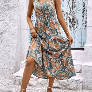Elegant Floral Bandage Sleeveless Ruffle Beach Style Maxi Dress