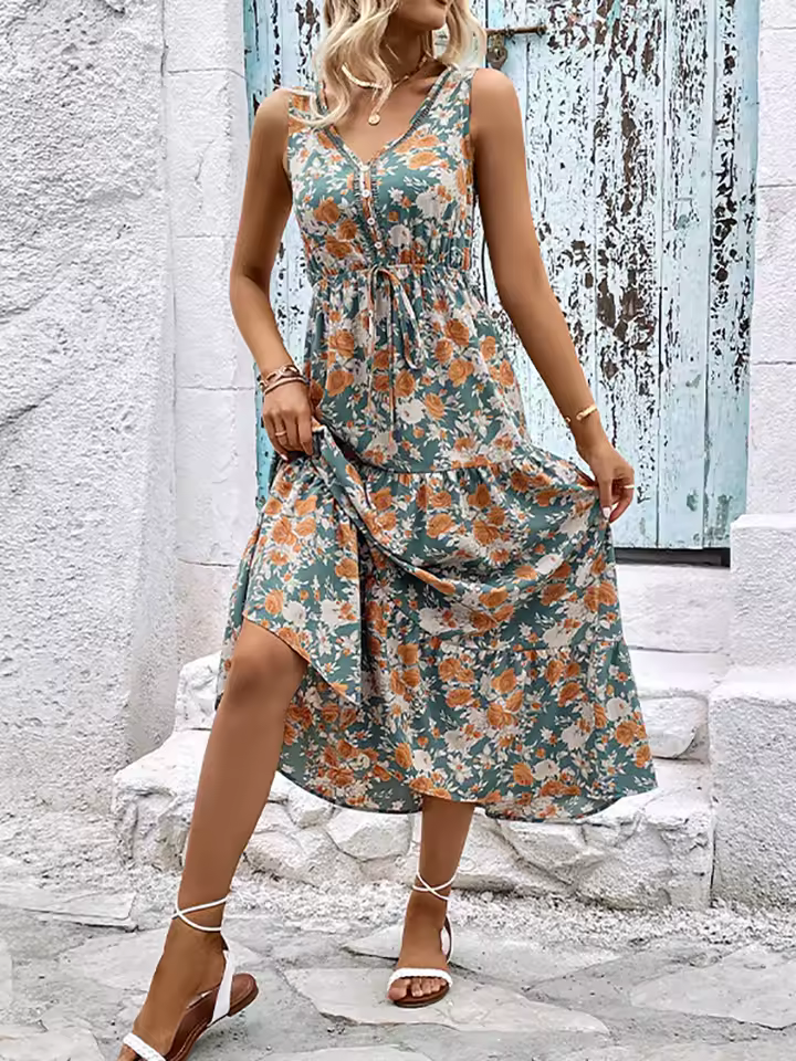 Elegant Floral Bandage Sleeveless Ruffle Beach Style Maxi Dress