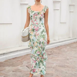 Elegant Floral Design Print Sleeveless With Layered Long Maxi Dress
