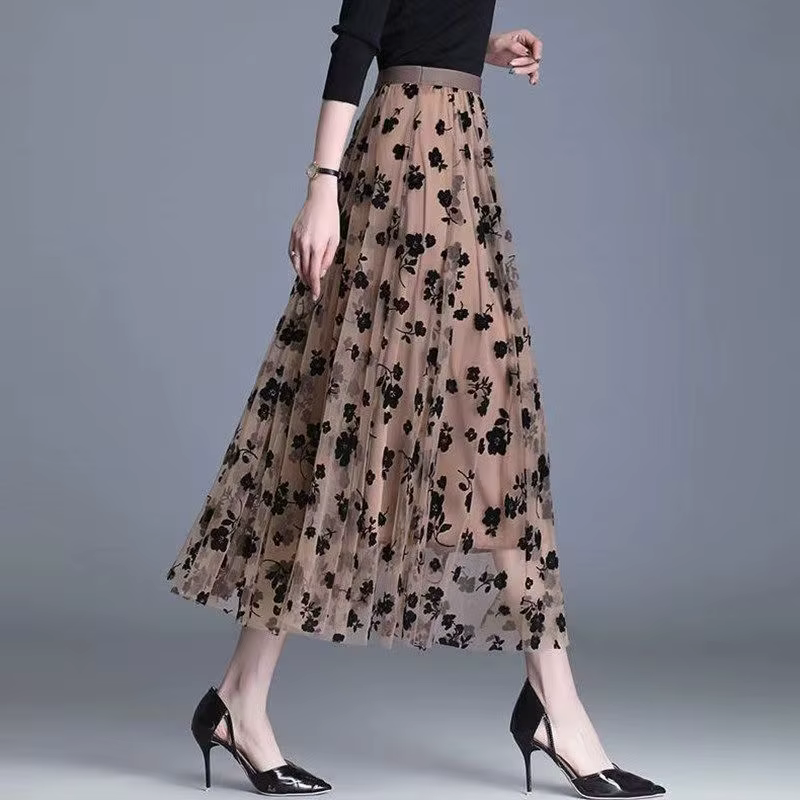 Elegant Floral Mesh Appliques Tulle Hook Slight Stretch Loose Midi Skirt