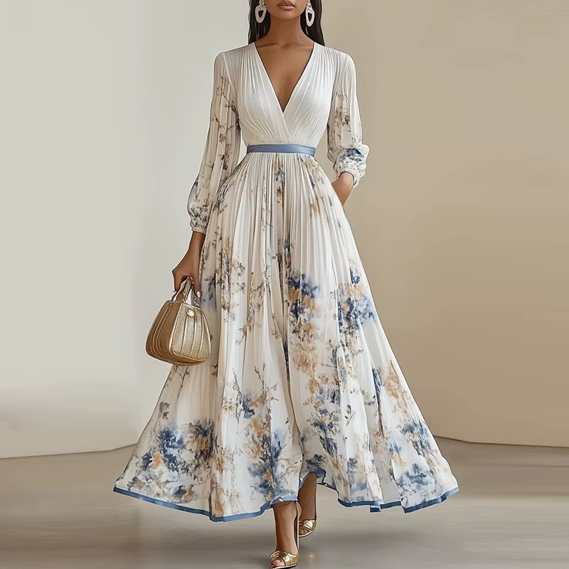 Elegant Floral Print A-Line Pleated Long Sleeve Bohemian Maxi Dress