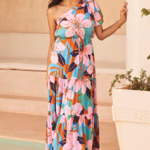 Elegant Floral Print Diagonal Shoulder Beach Style Long Maxi Dress