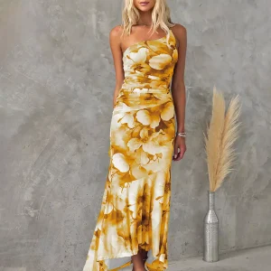 Elegant Floral Print One-Shoulder Natural Waistline Long Maxi Dress