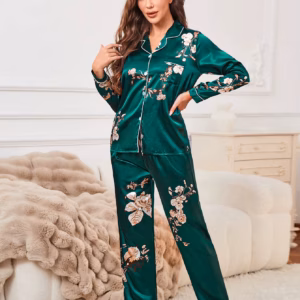 Elegant Floral Print Sleepwear & Loungewear Button Up Lapel Top Satin Pajama Set