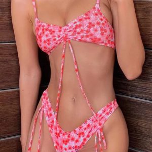 Elegant Floral Printed Strap 2-piece Bikini Set Swimsuit For Beachwear