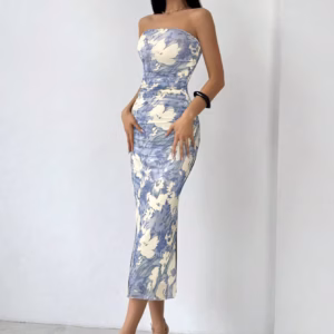 Elegant Floral Printed With Hip Wrap Strapless Holiday Slim-Fit Maxi Dress