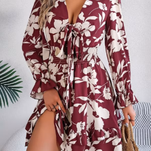 Elegant Flower Print Tie Bow V-Neck Long Sleeved Mini Dress