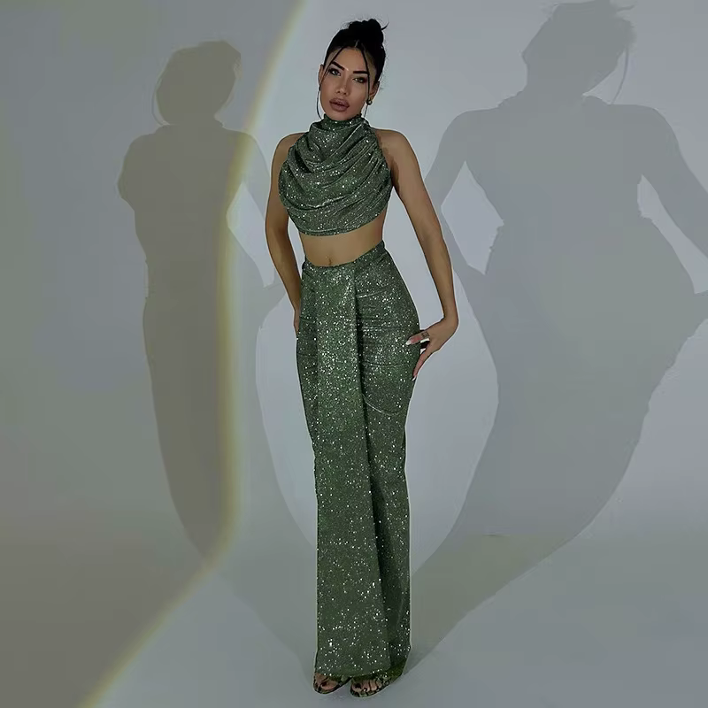 Elegant Half High Collar High Waist Open Navel Shining Two Piece Set