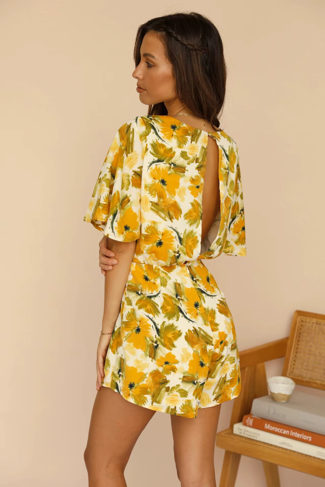 Elegant Half Sleeve Printed Back Split Strap Mid Waist Off Jumpsuit - Image 7