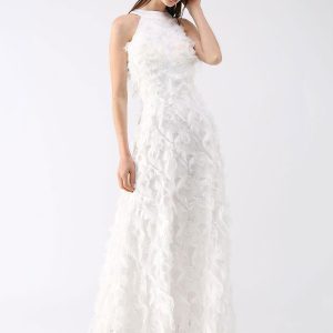 Elegant Halter A-Line Prom Sleeveless Feather Maxi Dresses