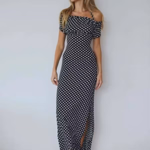 Elegant Hollow Out Halter Print Polka Dot High Slit Evening Party Maxi Dress
